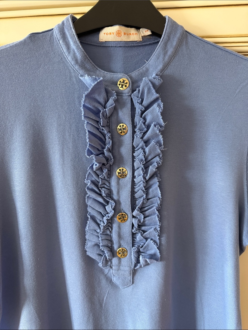 Tory Burch Periwinkle Ruffle-Front Short Sleeve Top - Picture 2 of 5